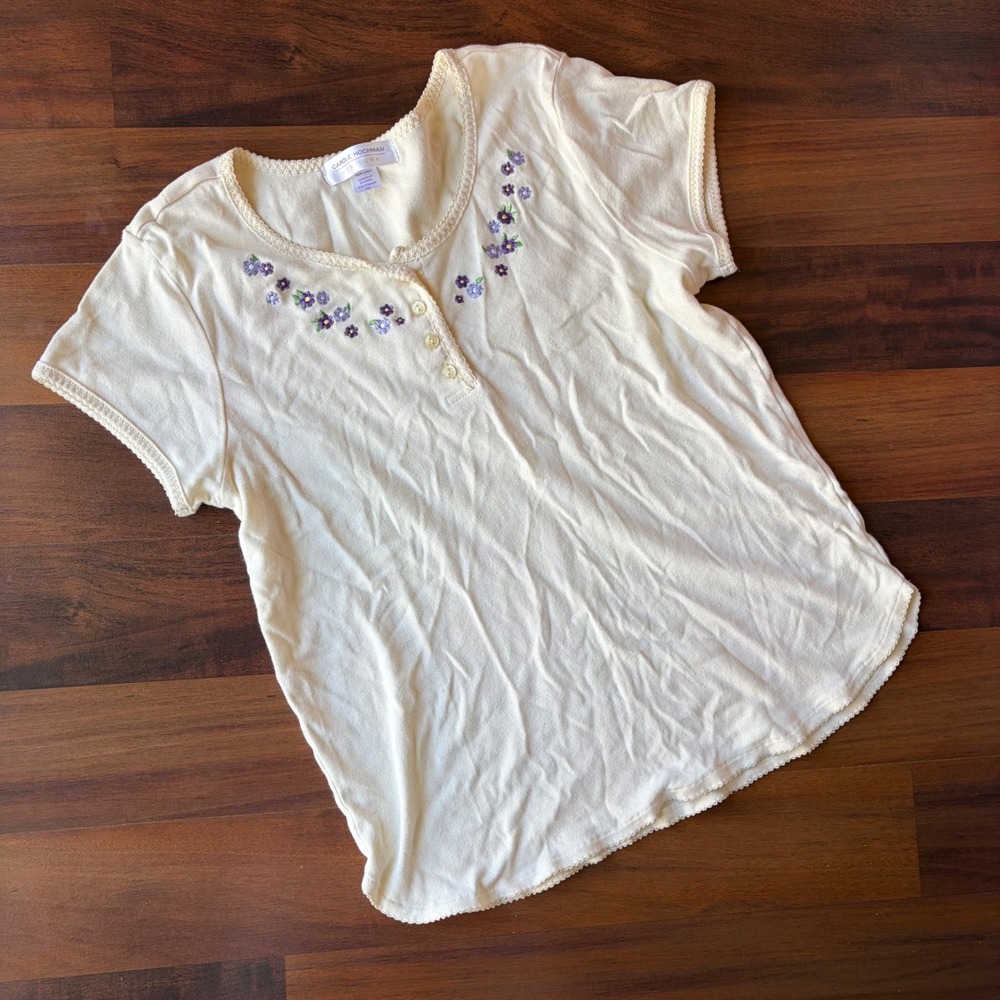Vintage Cotton Floral Embroidered Henley Grandmacore  Top Womens Medium